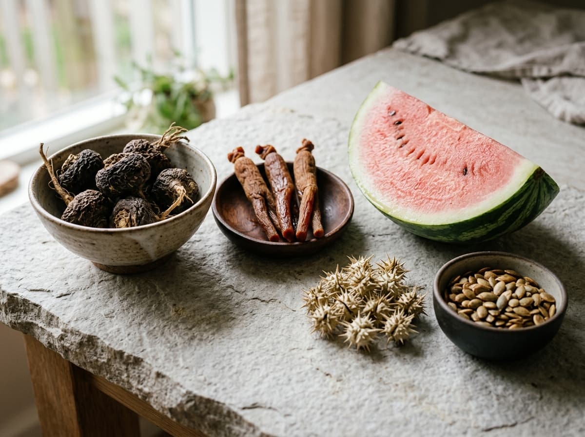 Maca roots, red ginseng, watermelon, tribulus fruits and pumpkin seeds on a stone counter