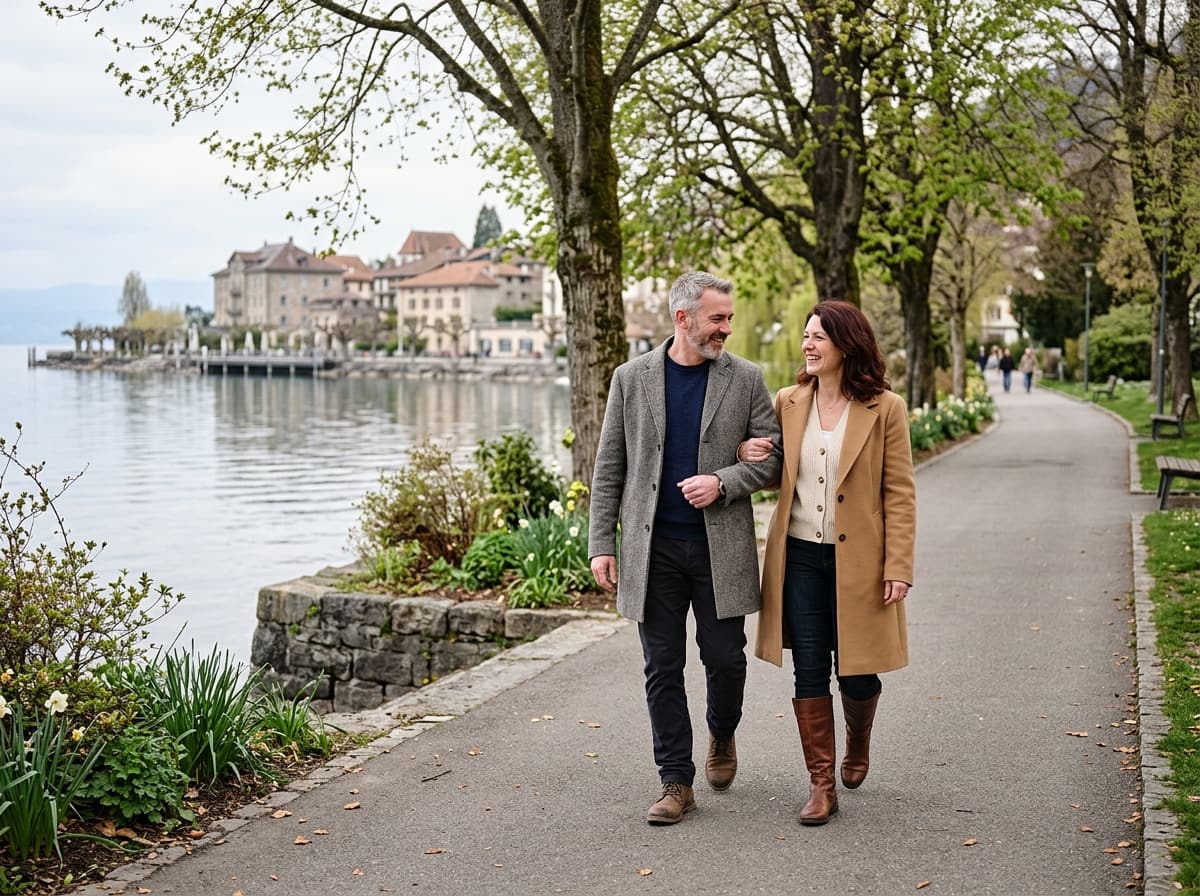 A couple in their fifties walking arm in arm in a lakeside park
