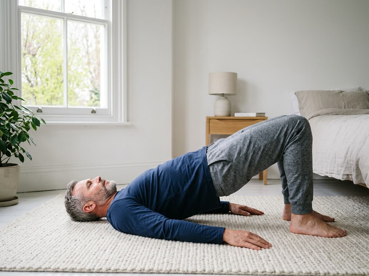 A man doing a bridge on a bedroom rug