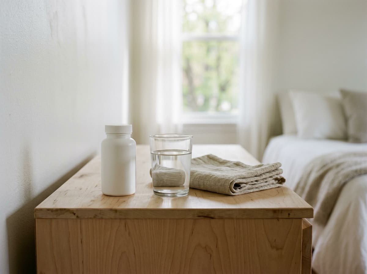 A plain white bottle and a glass of water on a bedroom dresser