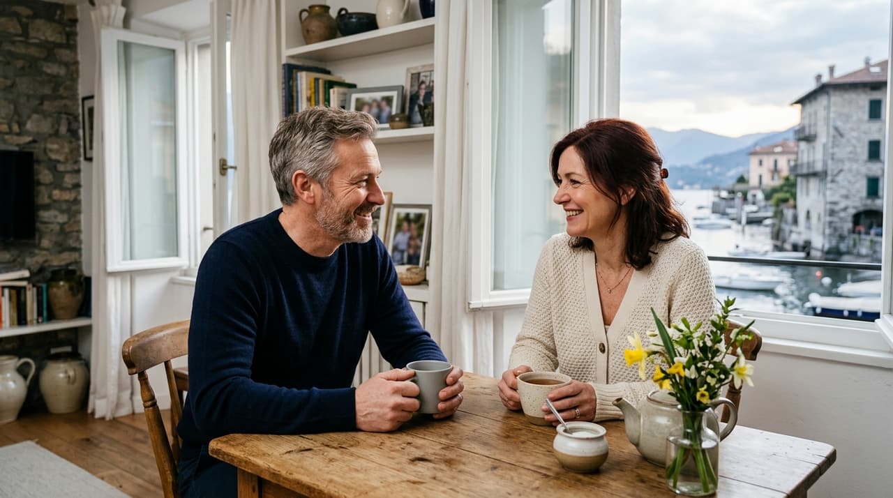 A couple in their fifties smiling at each other across a kitchen table